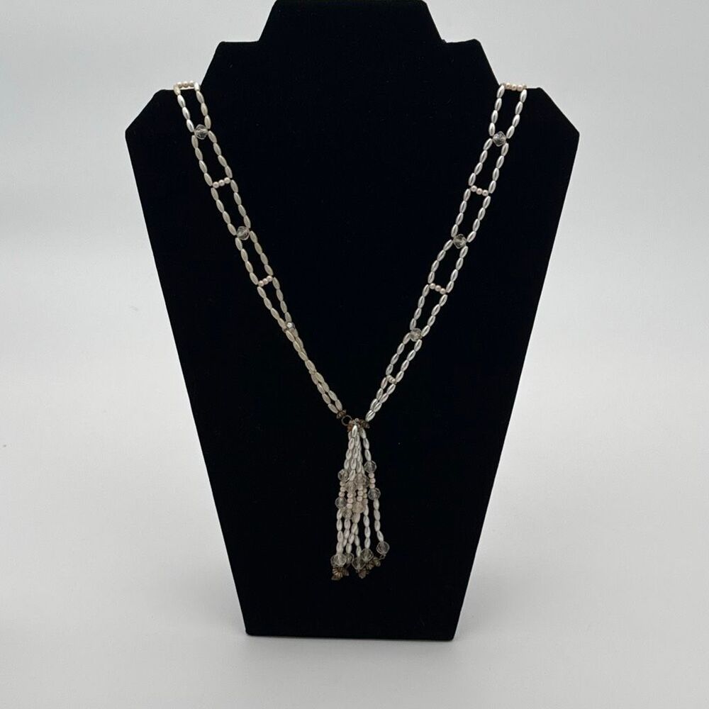 Vintage 1950s Faux Pearl Crystal Tassel Necklace Double Strand Mid Century State